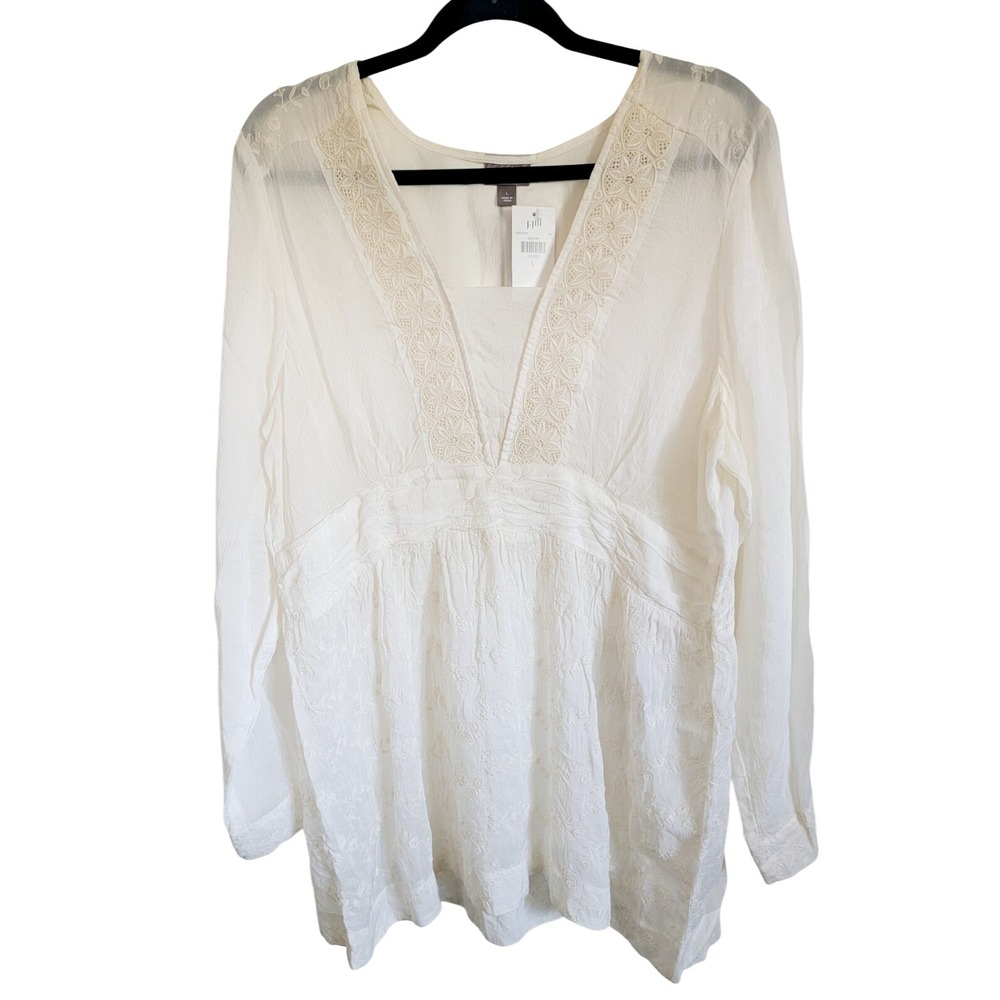J.‎ Jill  L Ivory Semi Sheer Textured Romantic Blouse Lace Accents NWT RV $149